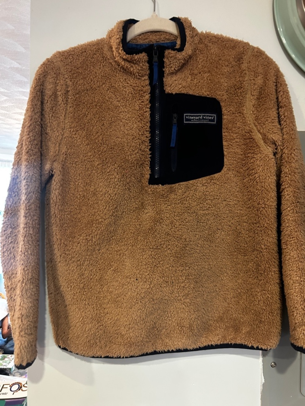 Vineyard Vines Kids Camel Sherpa Zip Pullover with Black Chest Pocket